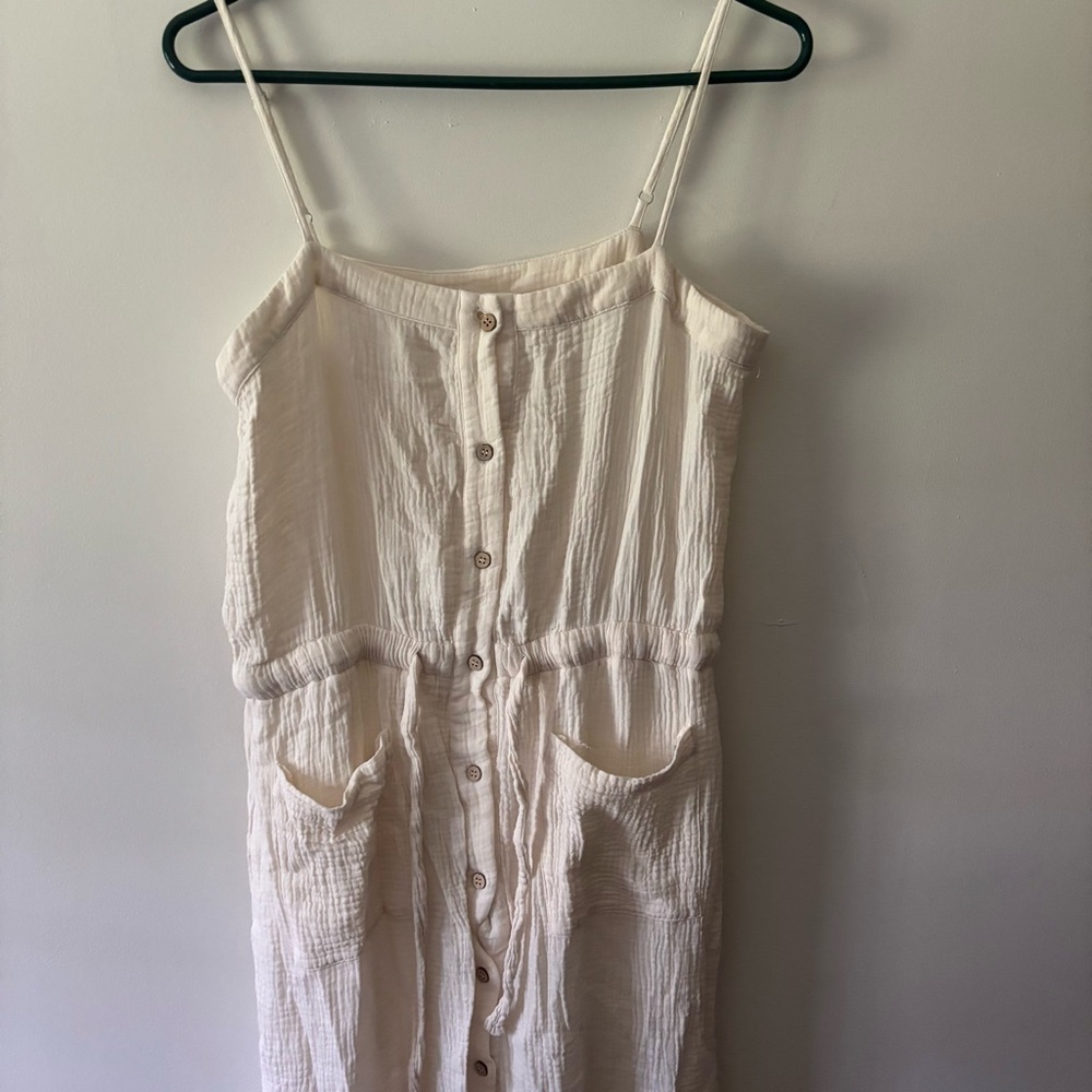 Promesa Dress Womens Medium Ivory Maxi Tier Tank Strappy Full Button Up Gauze